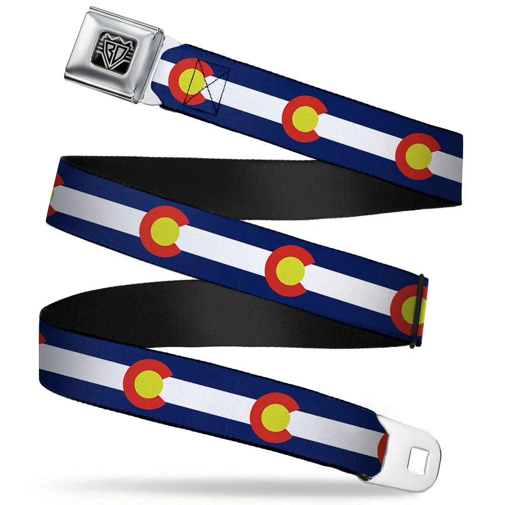 BD Wings Logo CLOSE-UP Full Color Black Silver Seatbelt Belt - Colorado Flags2 Repeat Webbing