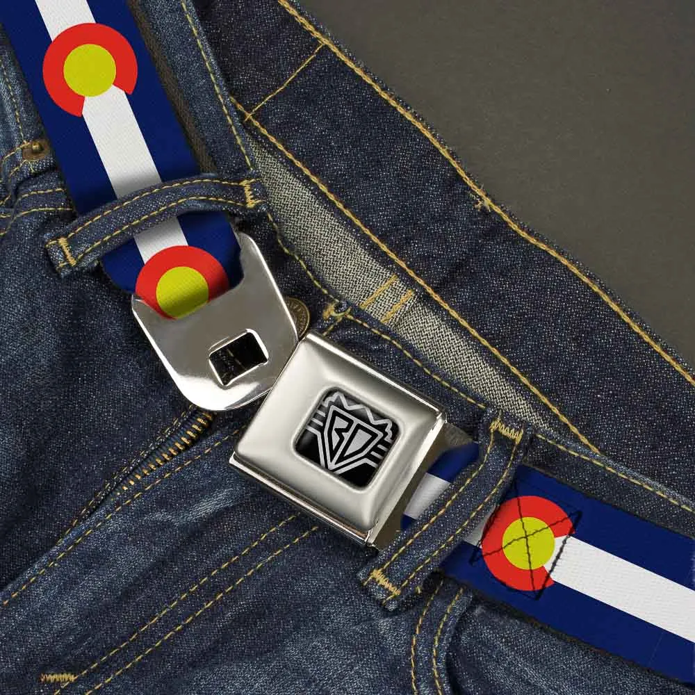 BD Wings Logo CLOSE-UP Full Color Black Silver Seatbelt Belt - Colorado Flags2 Repeat Webbing