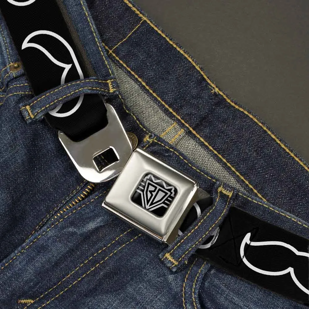 BD Wings Logo CLOSE-UP Full Color Black Silver Seatbelt Belt - Mustache Outlines Black/White Webbing