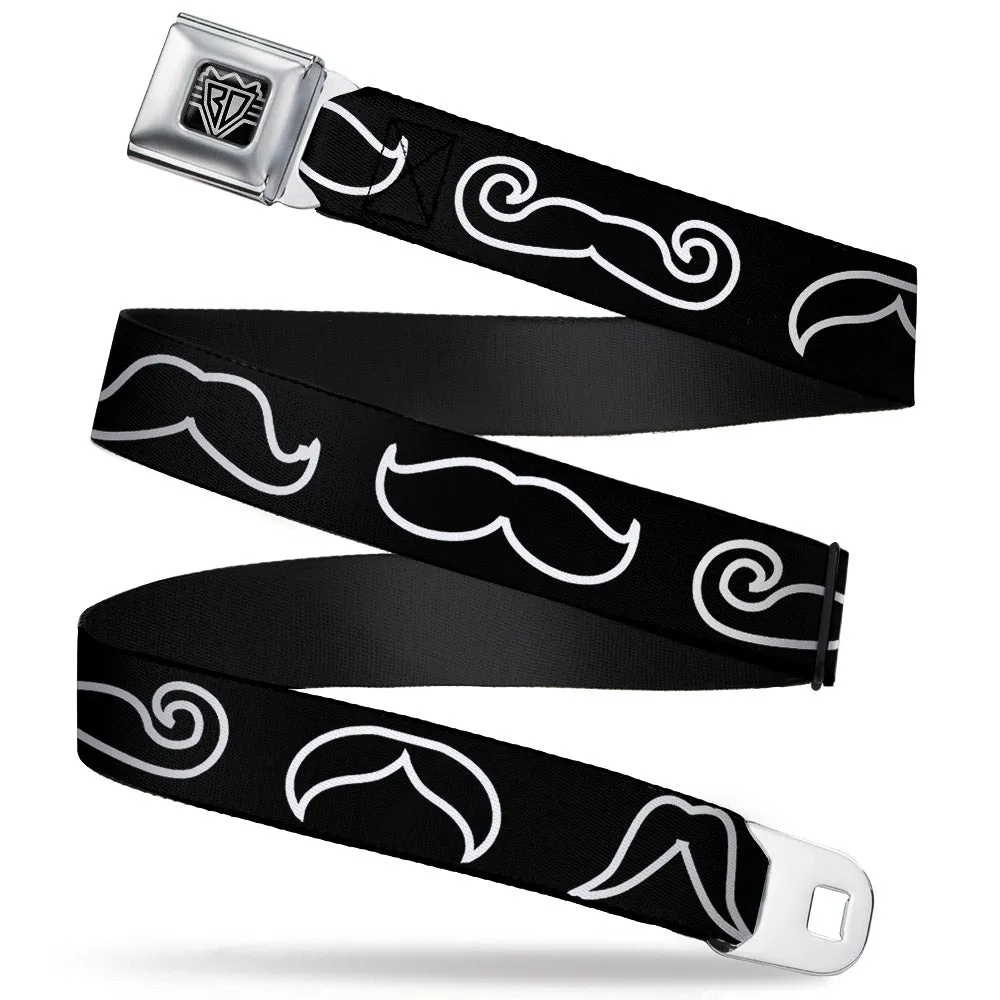BD Wings Logo CLOSE-UP Full Color Black Silver Seatbelt Belt - Mustache Outlines Black/White Webbing