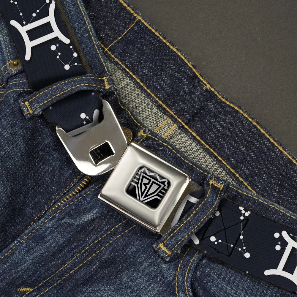 BD Wings Logo CLOSE-UP Full Color Black Silver Seatbelt Belt - Zodiac Gemini Symbol/Constellations Black/White Webbing