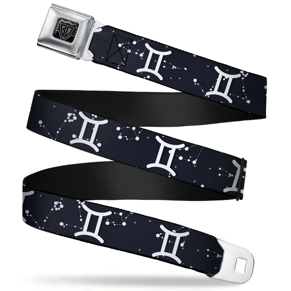 BD Wings Logo CLOSE-UP Full Color Black Silver Seatbelt Belt - Zodiac Gemini Symbol/Constellations Black/White Webbing