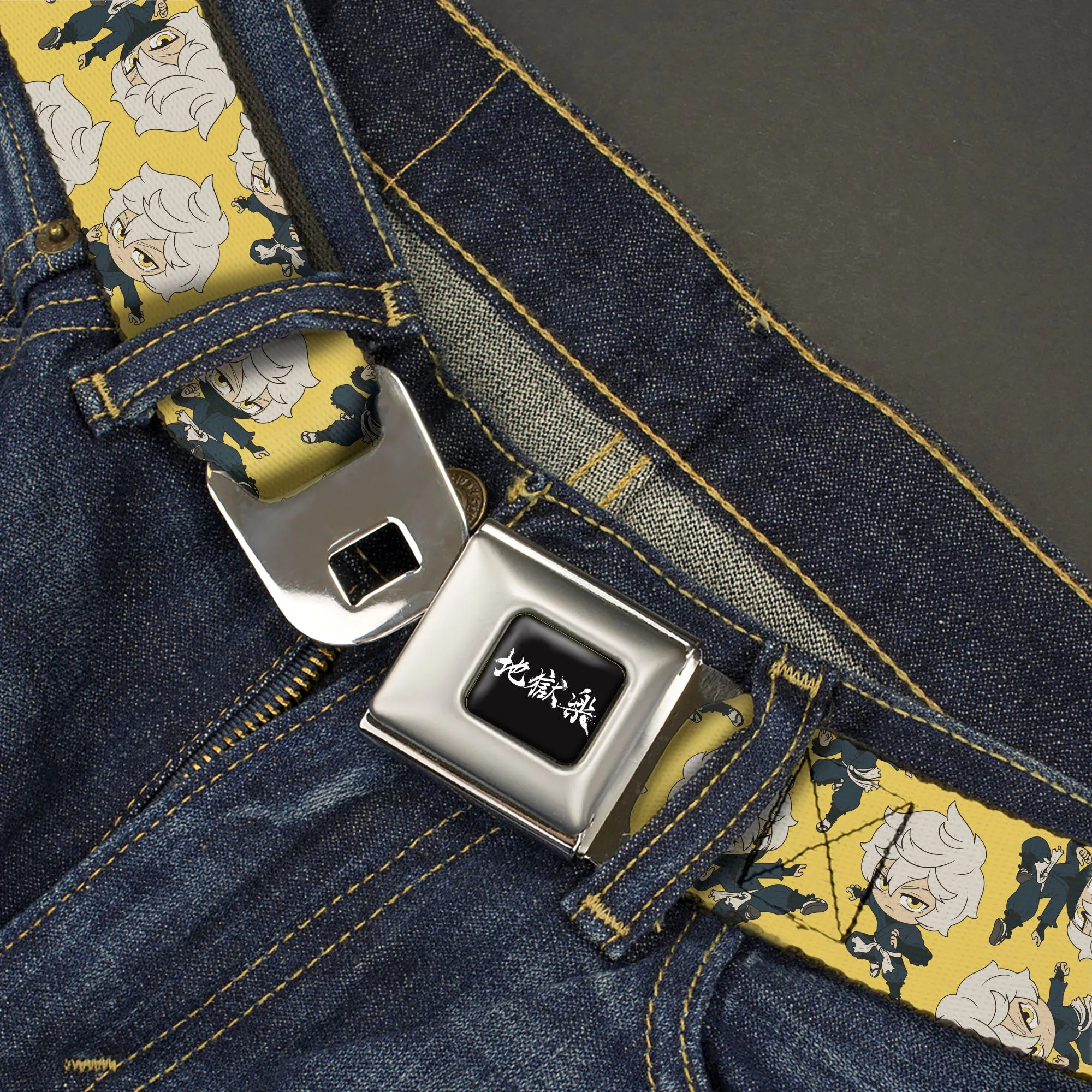 Hell's Paradise Kanji Title Logo Full Color Black/White Seatbelt Belt - Hell's Paradise Chibi Gabimaru Poses Scattered Yellow Webbing