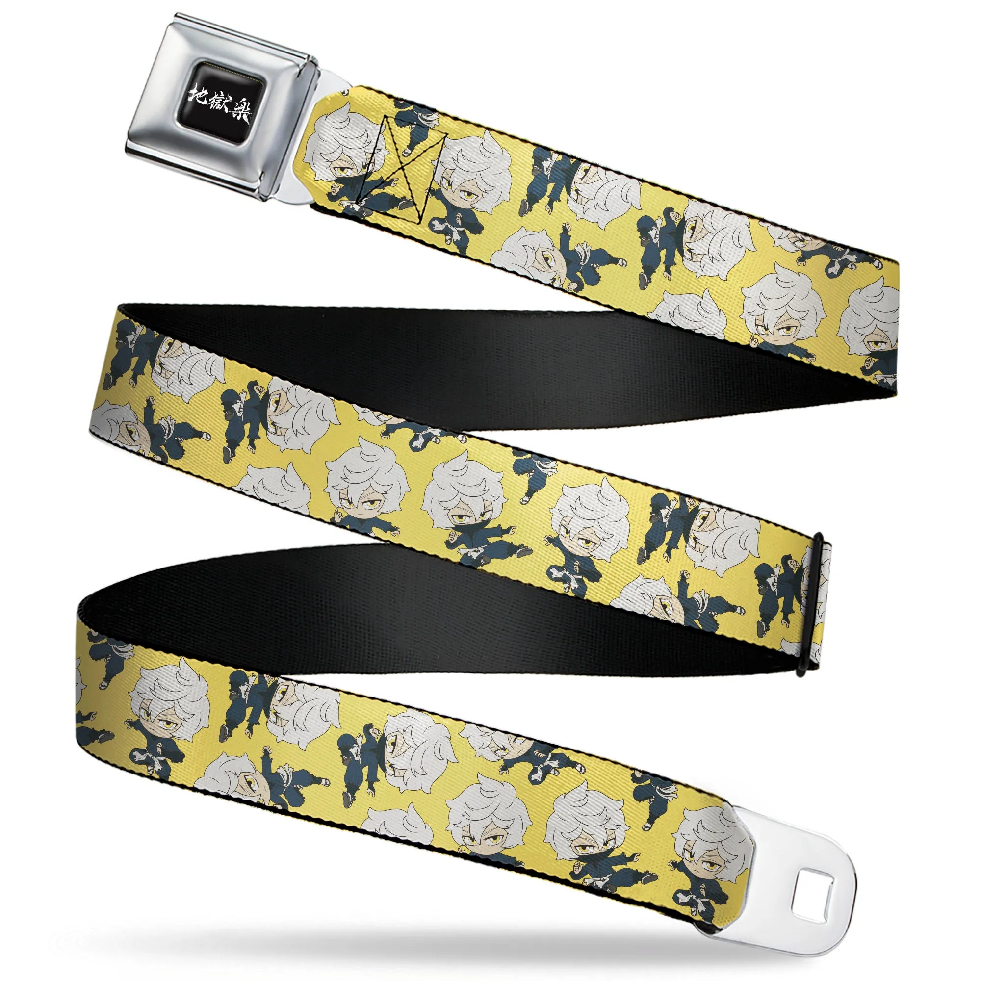 Hell's Paradise Kanji Title Logo Full Color Black/White Seatbelt Belt - Hell's Paradise Chibi Gabimaru Poses Scattered Yellow Webbing
